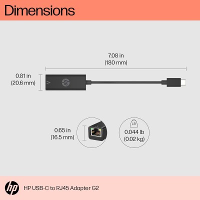 HP USB-C to RJ45 Adapter G2, USB tipo-C, RJ-45, Nero, Casa, Windows 10, Windows 11, 180 mm