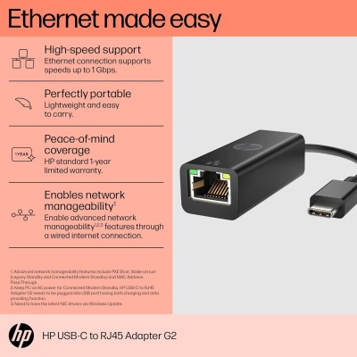 HP USB-C to RJ45 Adapter G2, USB tipo-C, RJ-45, Nero, Casa, Windows 10, Windows 11, 180 mm