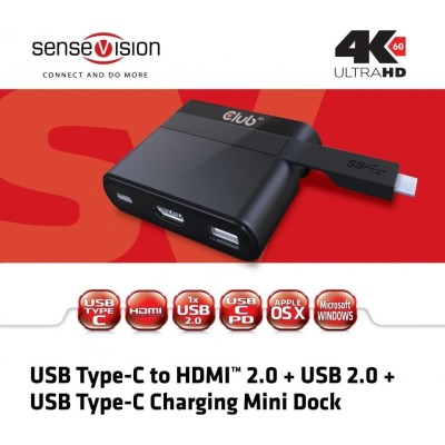 Club3D Mini Dock USB Type-C to HDMI2.0/USB2.0/Type-C Nero