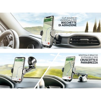 Supporto auto Universale Kit 2in1 aggancio per bocchette e cruscotto Nero